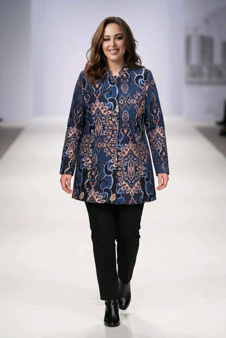 Chicos Jacquard Paisley Tapestry Jacket Blue Multicolor Jacket Mandarin Collar